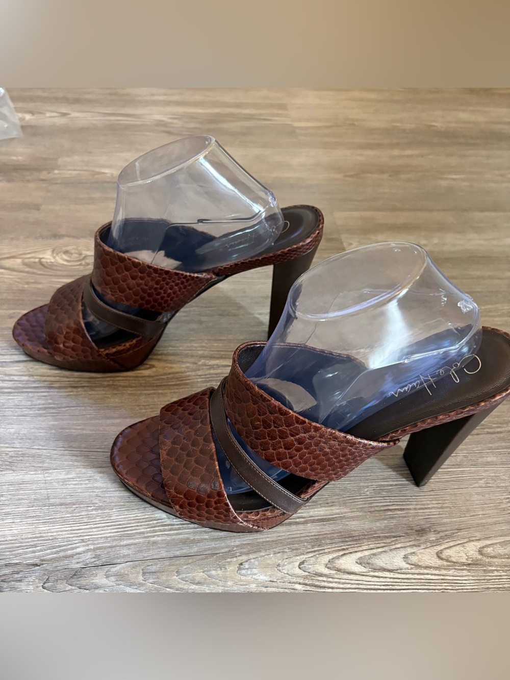 COLE HAAN/NIKE AIR OPEN TOE PLATFORM HEELS WOMEN SZ 11 BROWN SNAKE PRINT 4"